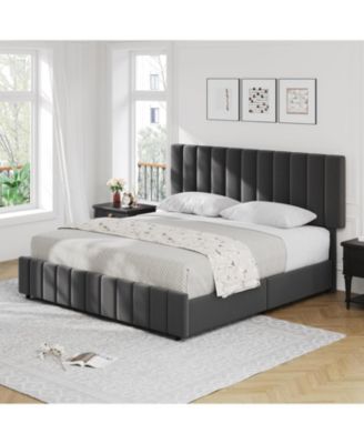 King Upholstered Bed Frame 4 Storage Drawers Adjustable Headboard Wooden Slats Support No Box Spring