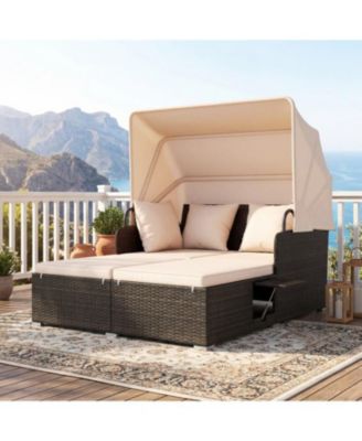 Outdoor Rattan Daybed with Canopy Shade and Side Table Storage