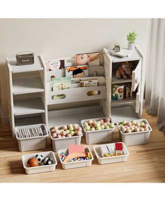 4-Tier Kids Bookshelf, Book Display Stand, Toy Storage Organizer with 8 Bins and 2 Cabinet for Playroom, Bedroom, Kids Room