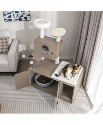 2-in-1 Modern Cat Tower with Litter Box Enclosure, Indoor Cat Furniture with Hidden Washroom & Perch