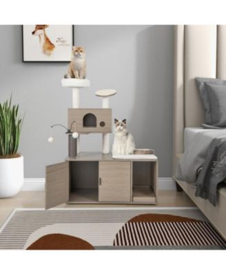 2-in-1 Modern Cat Tower with Litter Box Enclosure, Indoor Cat Furniture with Hidden Washroom & Perch
