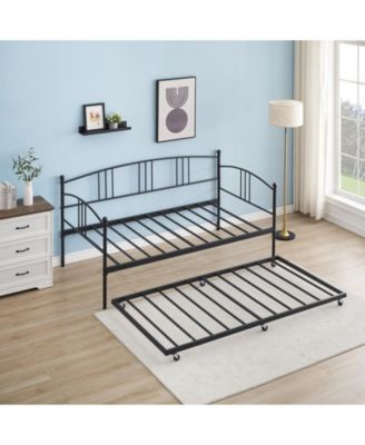 Daybed with Trundle Twin Arched Headboard Metal Day Bed Steel Slat Support SofaBed for Bedroom Living Room