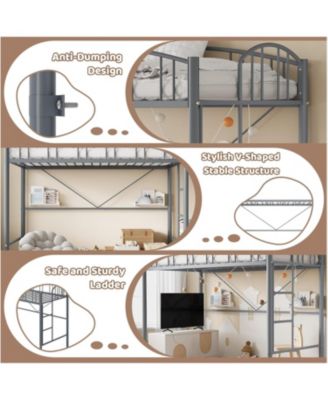 Twin Metal Loft Bed, Steel Frame, Arched Guardrails, Ladder, Space-Saving