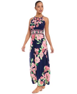 London Times Petite Key-Hole Neck Maxi Dress - Navy/pink - Size 14P