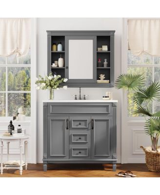 36" Bathroom Vanity with Sink and Mirror, Modern Freestanding Solid Wood Cabinet with Storage Drawers and Ceramic Top-Sillysis