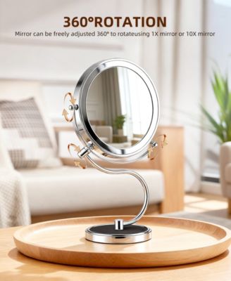 9" Rechargeable LED Vanity Mirror with 1X/10X Magnification, 3 Light Settings, 360&deg; Swivel, Stainless Steel Double-Sided Makeup Mirror