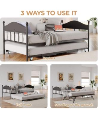  Daybed with Trundle Pop Up Foldable Metal Sofa Bed Stylish Headboard Steel Slats Living Room Bedroom