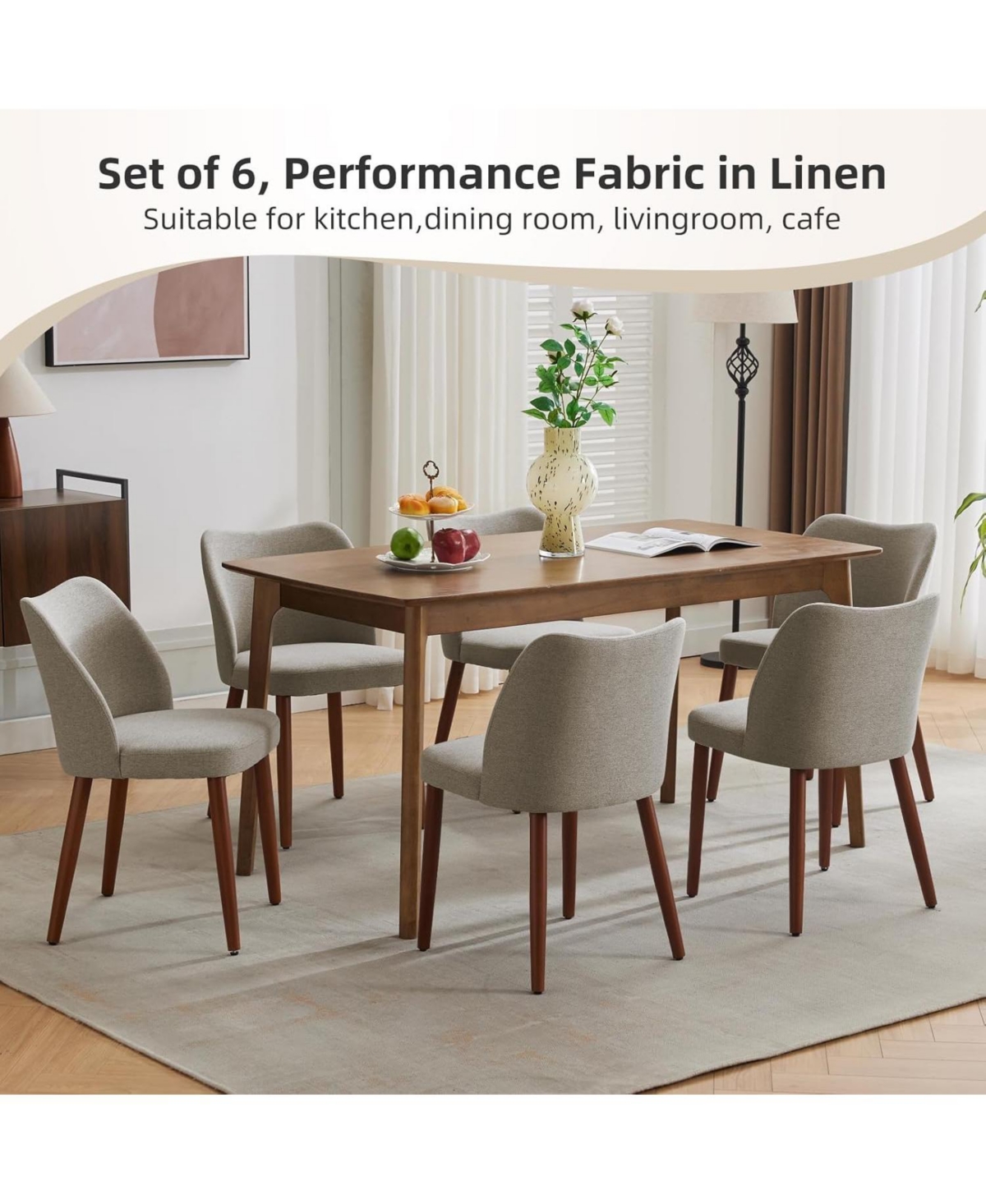 gaomon Modern Linen Dining Chairs Set of 2, Upholstered Chairs with Padded Seat and Wood Legs, Grey
