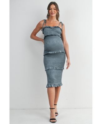 Maternity Smocked Bodycon Midi Dress with Ruffle Trim and Tie Straps