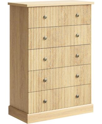 5 Drawer Tall Dresser for Bedroom, Fluted Vertical Chest of Drawers, Wood Storage Dresser with Metal Handles