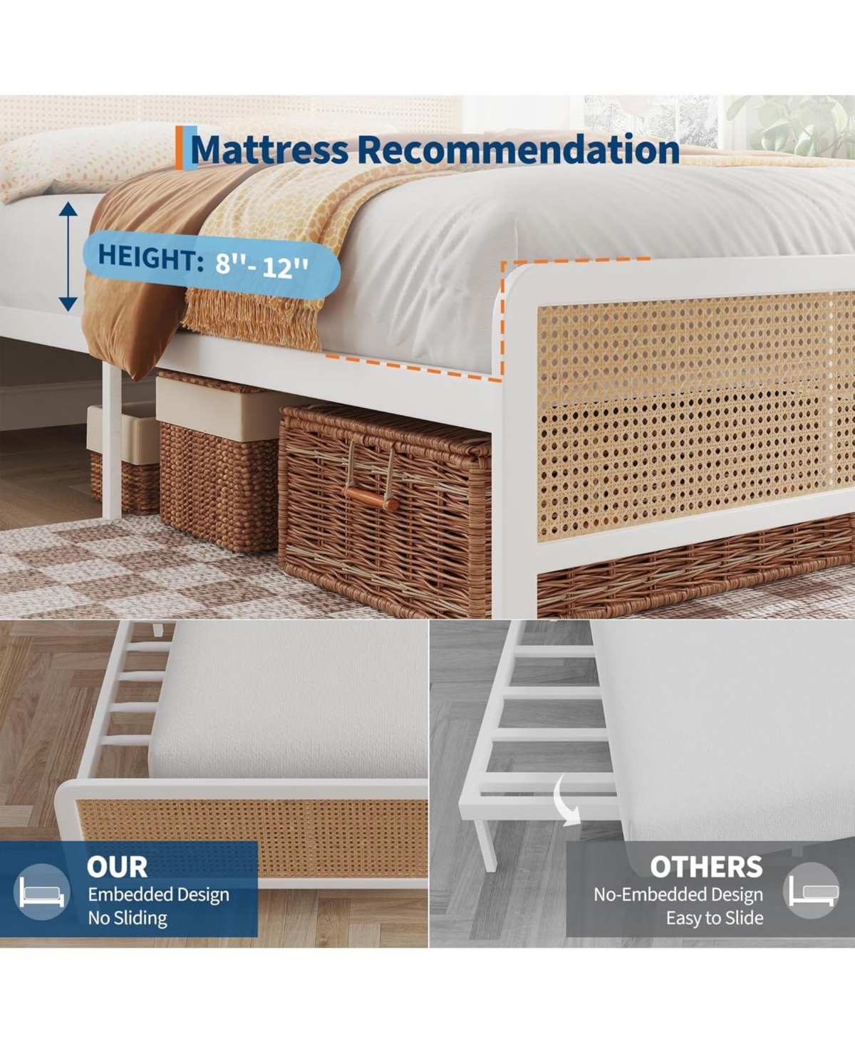 gaomon Size Rattan Bed Frame with Headboard, Modern Style Cane Boho Bed Frames with Heavy Duty Sturdy Steel Slat Support