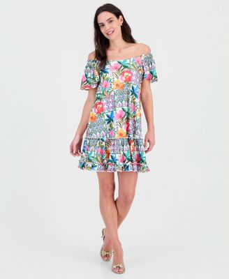 Petite Off-The-Shoulder Printed Eyelet Dress