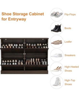 Shoe cabinet with 4 flip drawers, adjustable shelves, fluted design, and a sturdy top. A slim wooden organizer ideal for entryways.