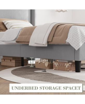 Twin Wingback Bed Frame Vertical Stripe Velvet Upholstered 2 Storage Pockets Wood Slats No Box Spring