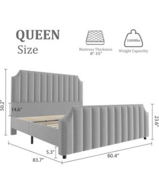 Queen Platform Bed Upholstered Headboard Footboard Strong Wooden Slats No Box Spring Required Light