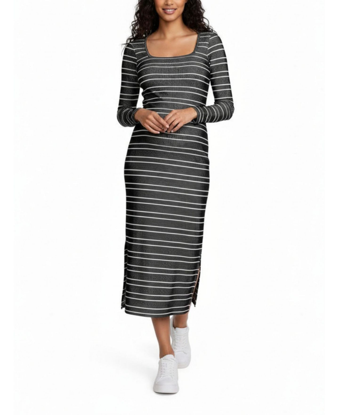 Женское платье Motherhood Maternity Square Neck Rib Knit Long Sleeve Bodycon Maxi Dress - Motherhood, цвет: Чёрный / Белый — фото 1