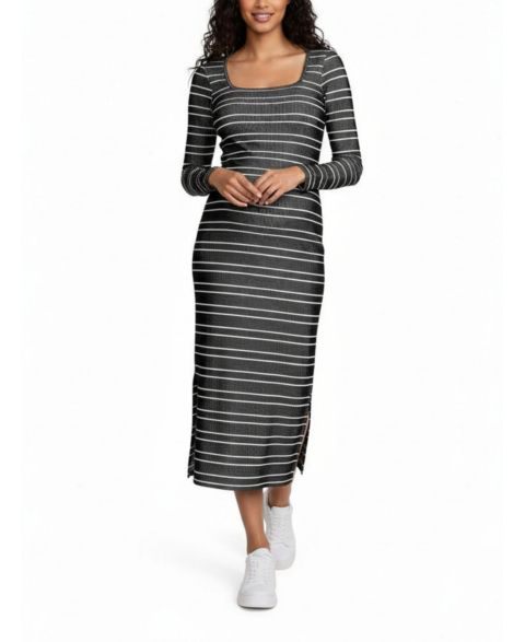 Женское платье Motherhood Maternity Square Neck Rib Knit Long Sleeve Bodycon Maxi Dress - Motherhood, цвет: Чёрный / Белый