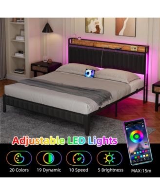 Queen Bed Frame with Charging Station, LED Bed Frame with Storage Headboard, Upholstered Platform Bed Frame, No Box Spring Needed