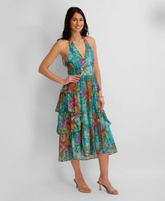 Women's Printed Eyelet Woven Midi Dress