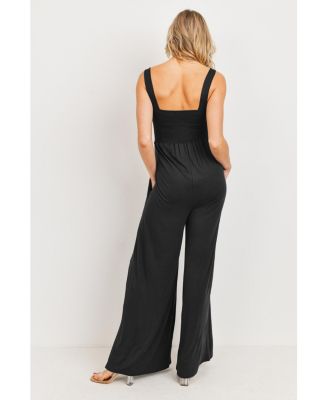 Maternity Sleeveless Smocked Bodice Wide-Leg Jumpsuit with Pockets