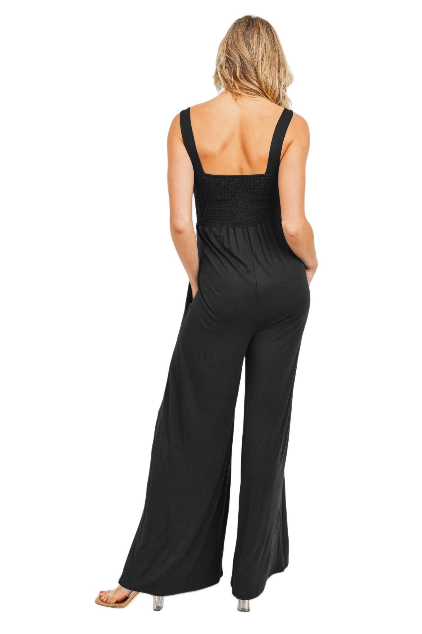 Женский комбинезон Hello Miz Maternity Sleeveless Smocked Bodice Wide-Leg Jumpsuit with Pockets, цвет: Чёрный — фото 3