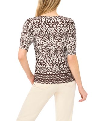 Women's Crew Neck Short-Sleeve Shirred Blouse