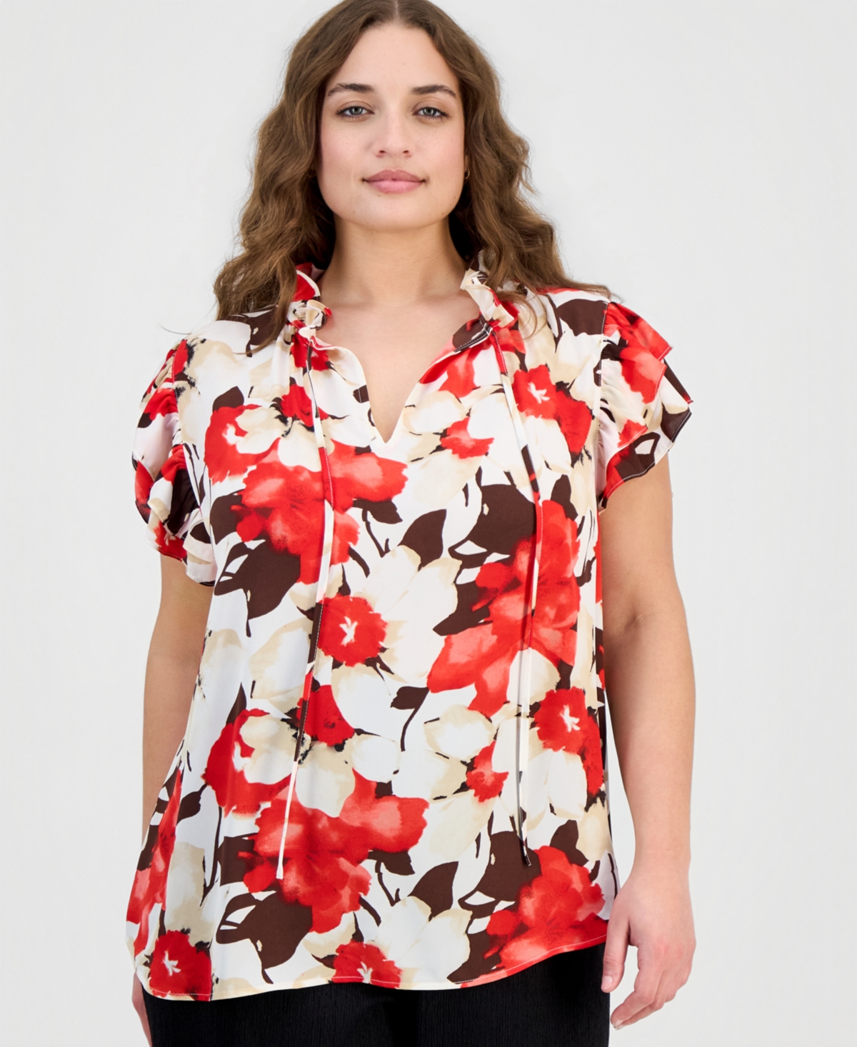 Anne Klein Plus Tie-Neck Flutter-Sleeve Top