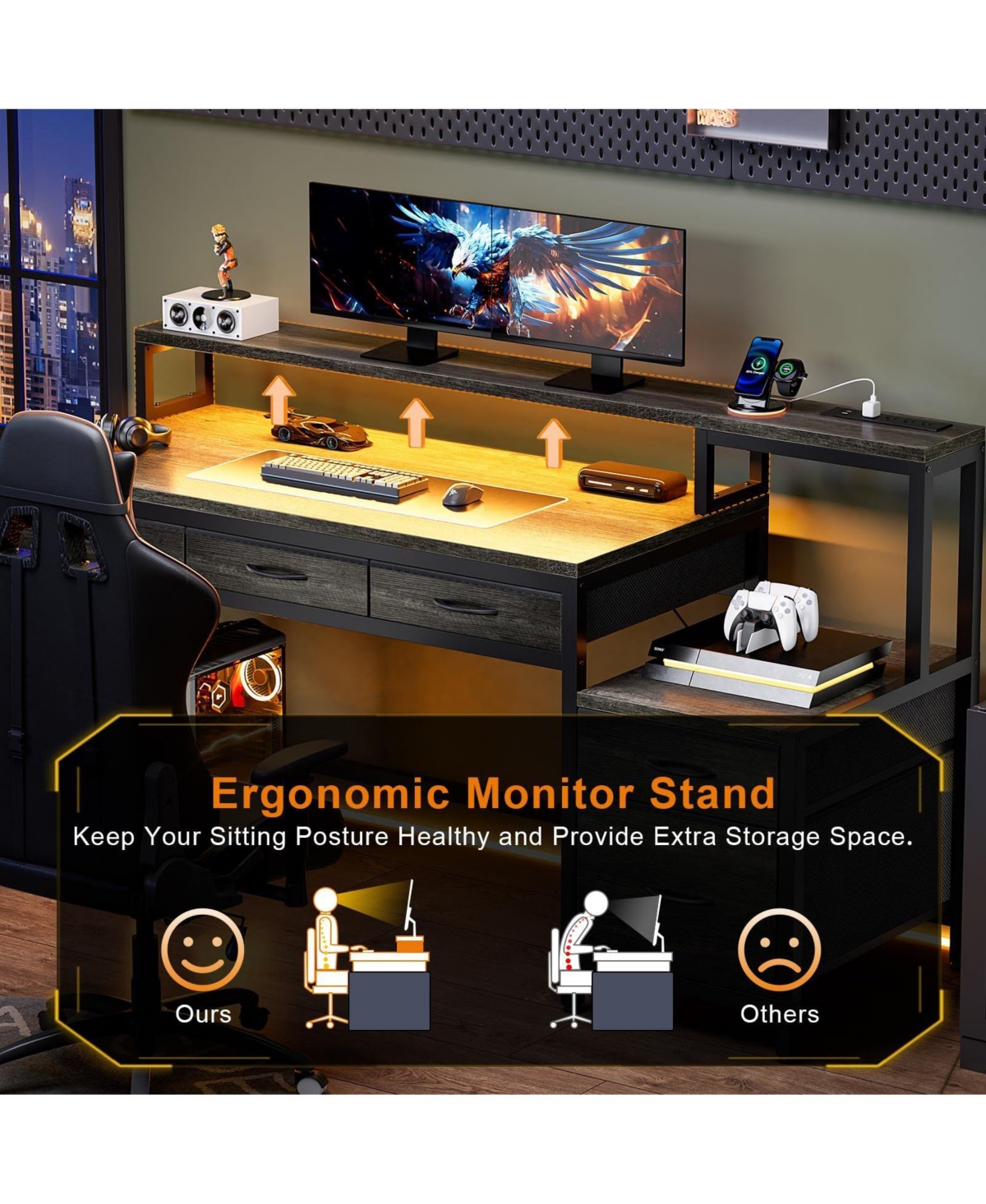 Homlux 61" Modern Computer Lap Desk Table w/Storage Drawer, Monitor Stand, Charging Station, Side Pocket