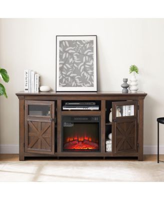 Farmhouse Barn Door TV Stand with Fireplace Insert, Espresso, 60.23"W