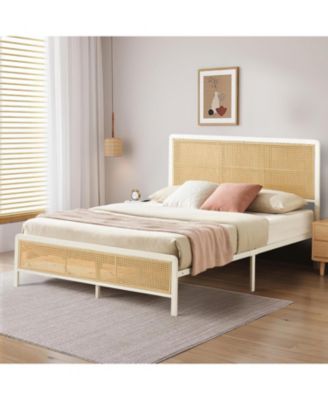  Bed Frame LED Lights Rattan Headboard Heavy Duty Metal Slat Supports Platform Bed Easy Assembly No Box Spring