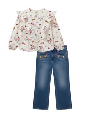 Girls' 2T-6X Snoopy Print Long-Sleeve Top and Denim Pants, 2-Piece Set