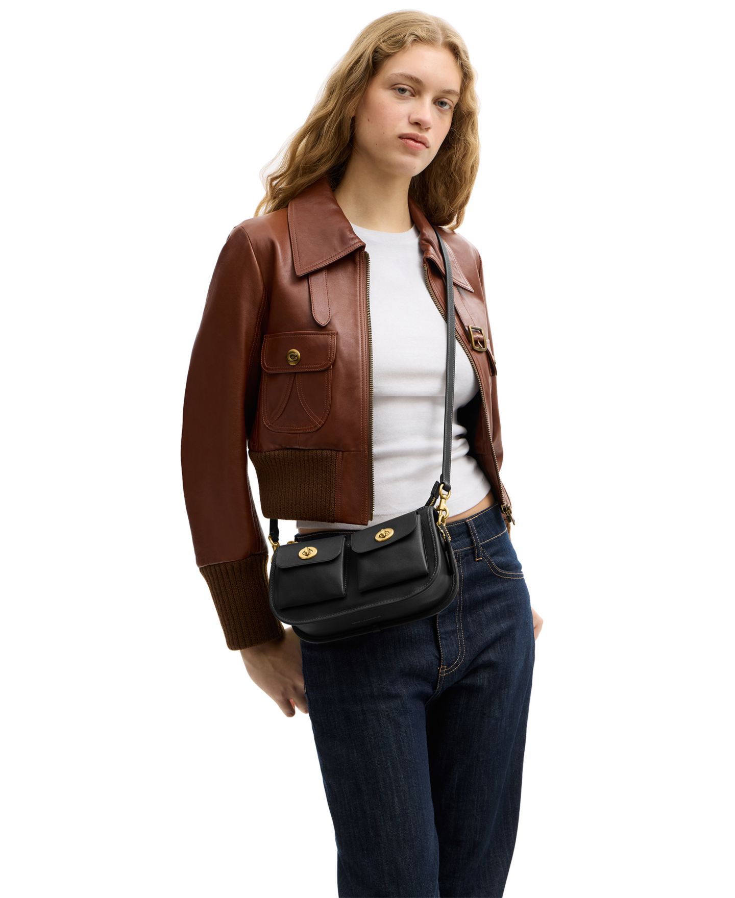 Женская сумка COACH Waverly Small Leather Twin Turnlock Shoulder, цвет: Латунный / Чёрный — фото 2