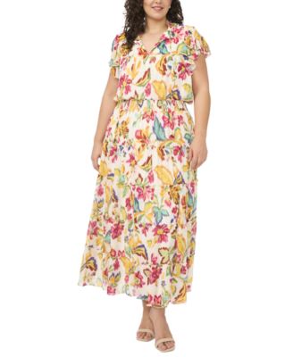 Plus Size Flutter-Sleeve Tiered Split-Tie Neck Maxi Dress