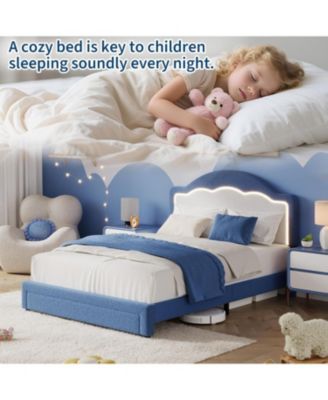 Full Size Kids Bed with LED Headboard, Plush Sherpa Fabric Upholstery, Slat Support (No Box Spring Needed)