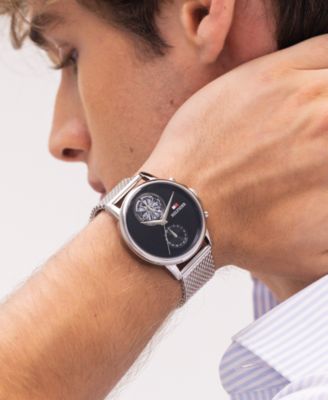 Men's Multifunction Silver Tone Stainless Steel Mesh Bracelet Watch, 40mm