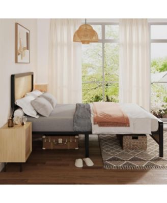 Metal Platform Bed Frame Natural Rattan Headboard, Bohemian Mattress Foundation With Strong Slats Support, No Box Spring Needed