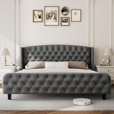  Bed Frame Deep Button Tufted Wingback Headboard Velvet Upholstered Platform No Box Spring Easy Assembly