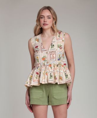 Women's Botanical-Print V-Neck Peplum Top