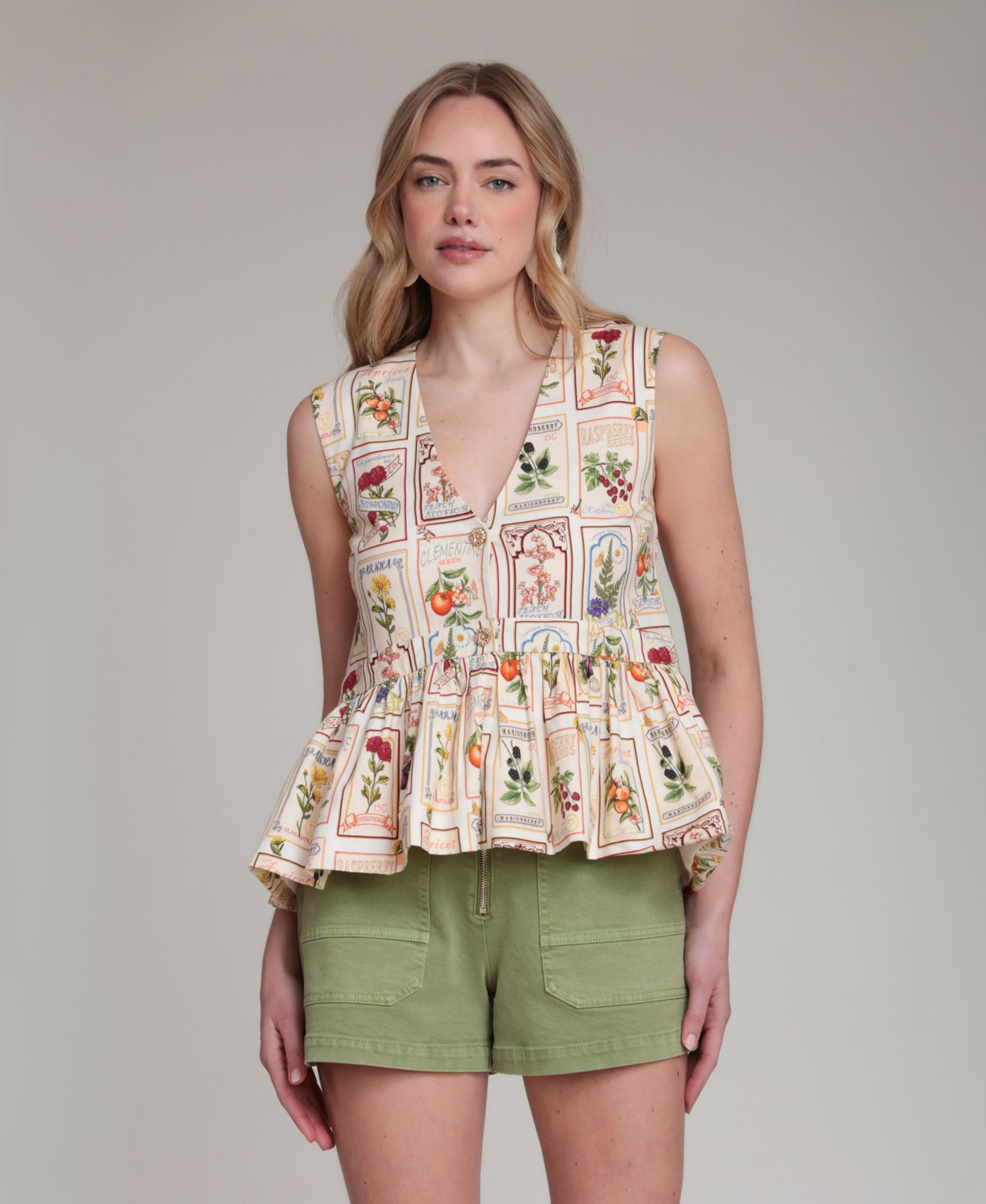 Женский топ Avec Les Filles Botanical-Print V-Neck Linen Blend Peplum, цвет: Персиковый — фото 1