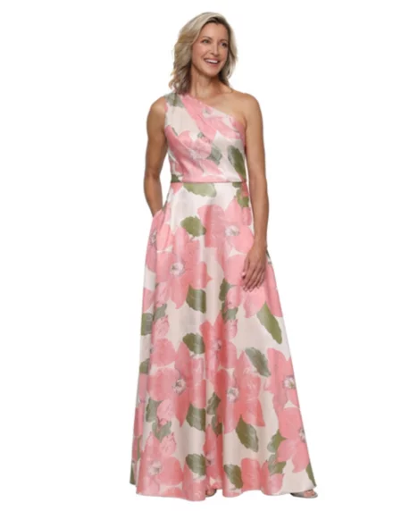 Petite One-Shoulder A-Line Gown - Coral Multi