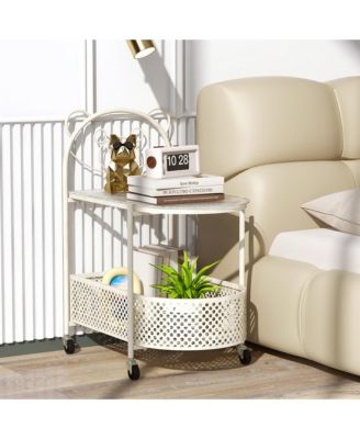 2-Tier Mobile Glass Coffee Table w/ Bear Pattern Storage Basket Transparent