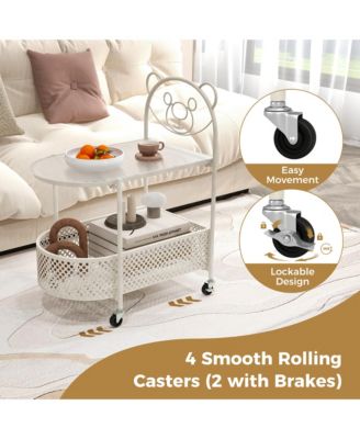 2-Tier Mobile Glass Coffee Table w/ Bear Pattern Storage Basket Transparent