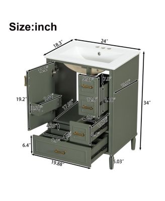 24  Bathroom Vanity with Ceramic Sink, Modern Freestanding Solid Wood MDF Cabinet, 3 Drawers Soft Close Door for Small Spaces-