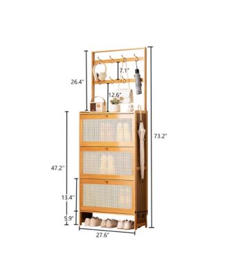 Bamboo Shoe Storage Cabinet, Freestanding Shoe Rack with 3 Rattan Flip Drawers and Coat Hooks for Entryway, Hallway, Closet, Living Room