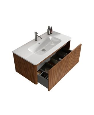 36" Walnut Floating Bathroom Vanity with Integrated Ceramic Sink & Push Open Drawer, Wall Mounted for Modern Bathroom