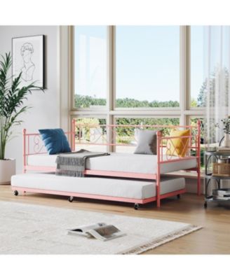Daybed with Trundle Metal Twin Daybed Frame Headboard Platform Sofa Bed Metal Slats Bedroom Living Room Guest