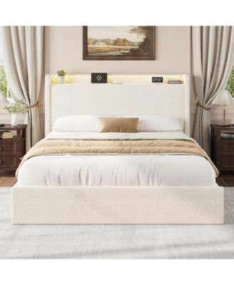 Boucle Bed Frame with Storage Headboard, Upholstered Bed Frame Full Size with Charging Station, LED Lights, 4 Storage Drawers
