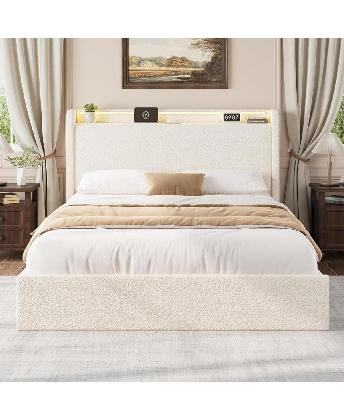 gaomon Boucle Bed Frame with Storage Headboard, Upholstered Full Charging Station, Led Lights, 4 Drawers