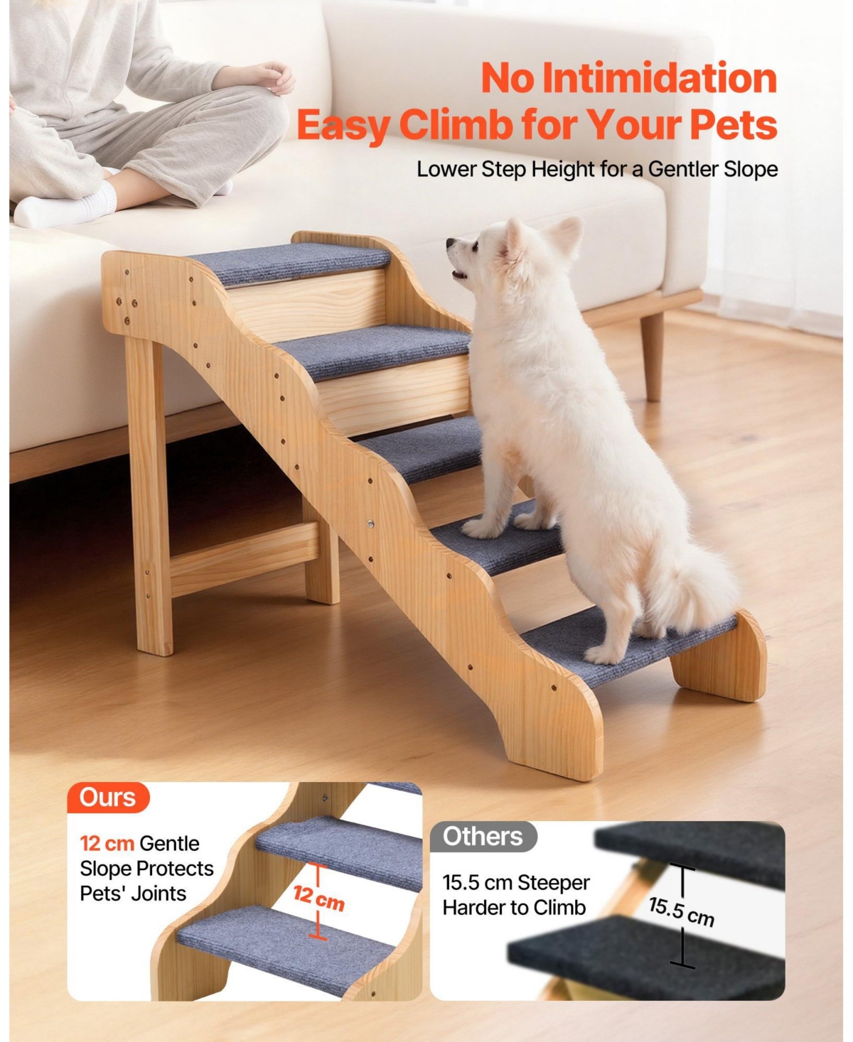 Cozito 5-Step Wooden Pet Stairs with Non-Slip Surface, 150 lb Capacity for Beds and Sofas