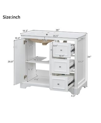 36" Transitional Bathroom Vanity with Ceramic Sink, Solid Wood & MDF, 2 Soft-Close Doors, 3 Drawers, Adjustable Shelf for Storage